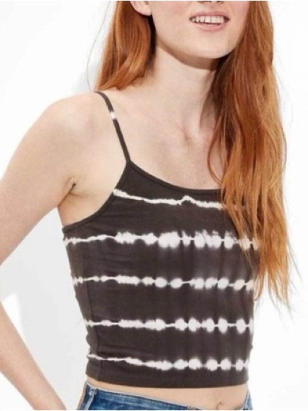 American Eagle Outfitters Grey and White Striped Tie-Dye Cropped Camisole